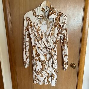 Uptown Gold Chain Filagree Versace Inspired Cherub Angel Wrap Tie Dress Size L